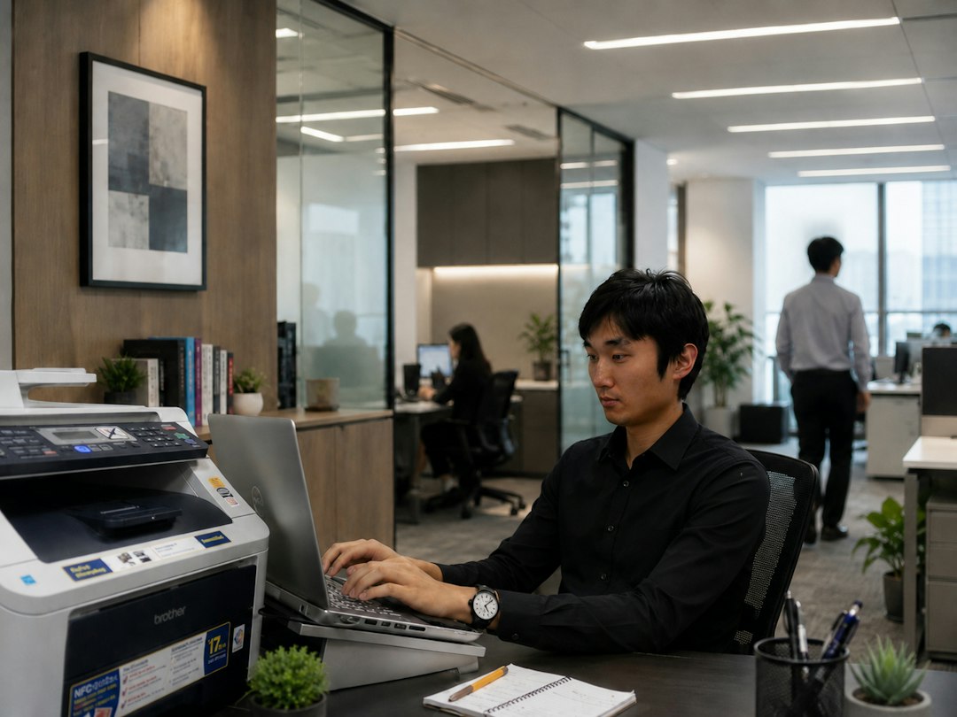 Equipo de impresión y computador en oficina para revisar problemas de conexión